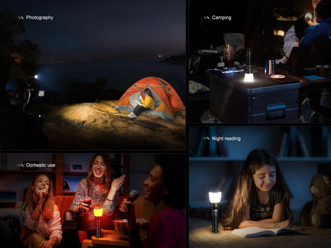 Collage of people using a Fenix AOD-04 Silicone Diffuser in various settings including camping, reading, and socializing.