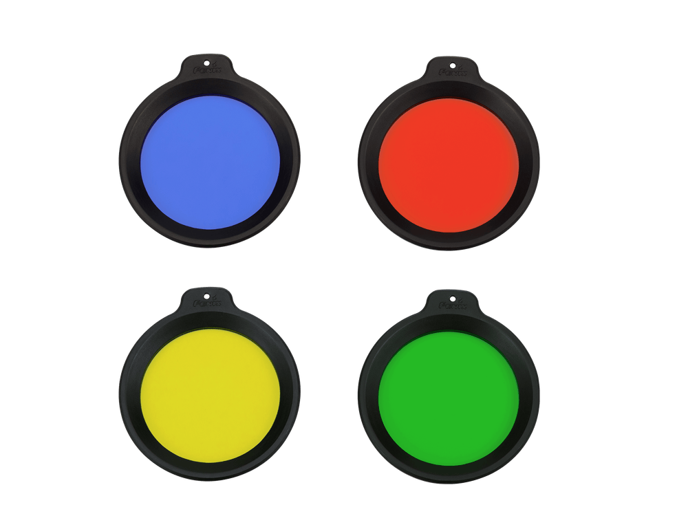 Four colored filters (blue, red, yellow, green) on a black background