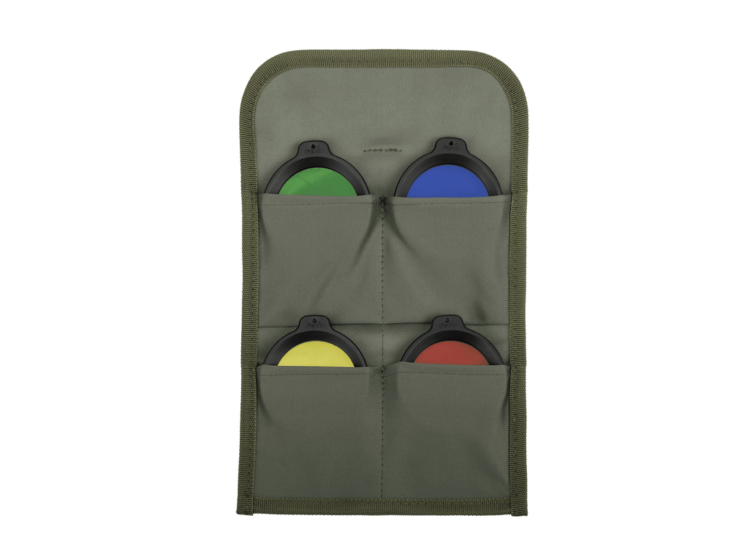 Green pouch with four colored circular objects on a white background