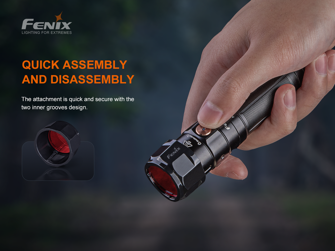 Fenix AOF-S+ V2 Red Filter Adapter attached to a flashlight