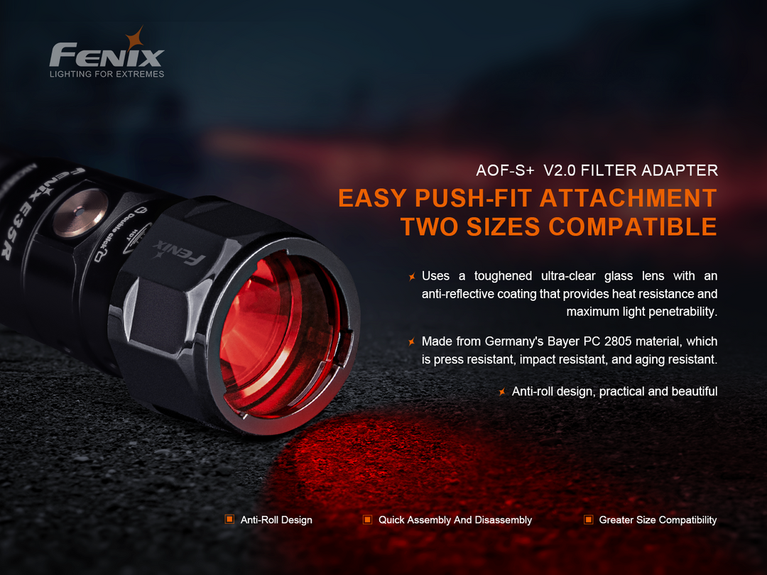 Fenix AOF-S+ V2 Red Filter Adapter attached to a flashlight with text explaining compatible products