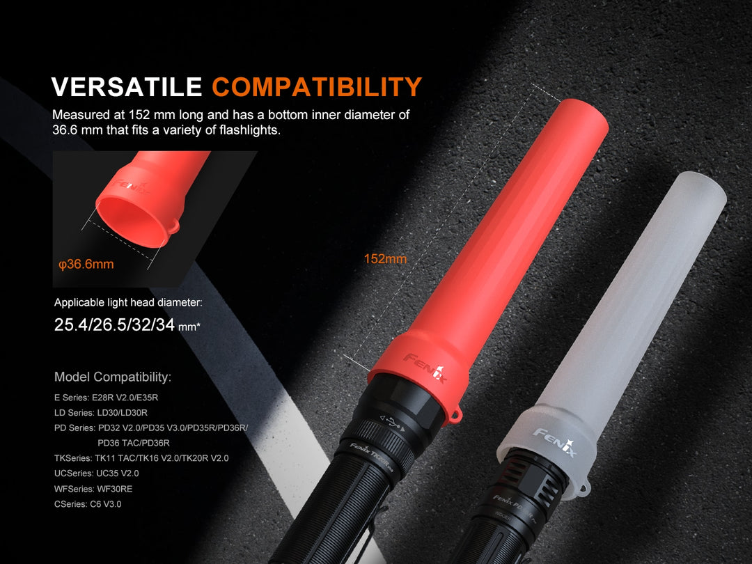 Fenix AOT-03 Silicone Traffic Wand attached to flashlights with text explaining the compatible models