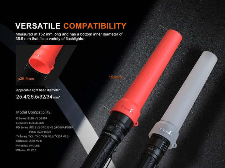 Fenix AOT-03 Silicone Traffic Wand attached to flashlights with text explaining the compatible models