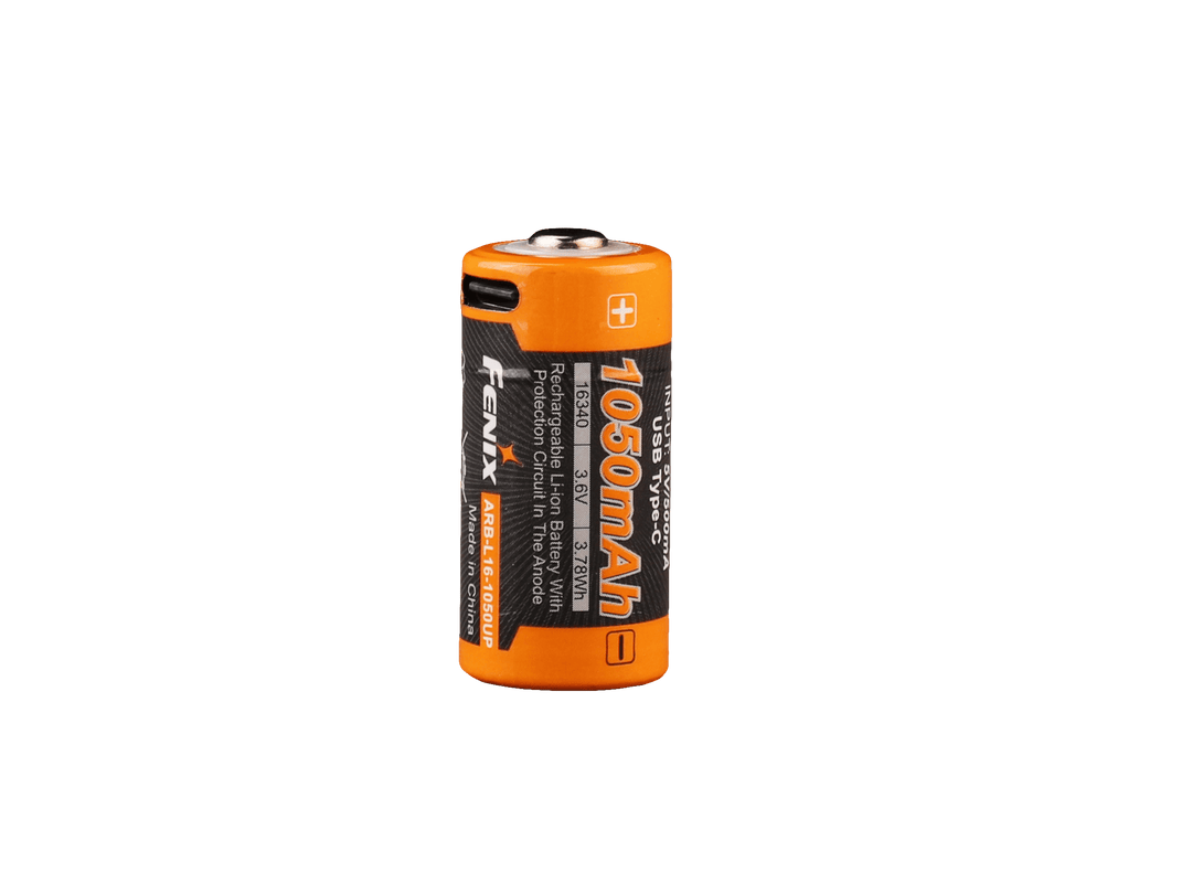 Orange and black Fenix ARB-L16-1050UP USB Rechargeable 16340 battery with 'Fenix' branding on a white background