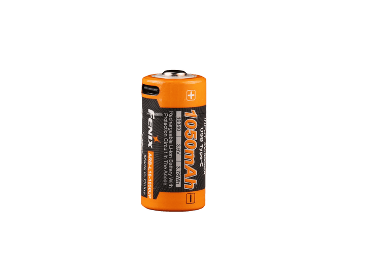Orange and black Fenix ARB-L16-1050UP USB Rechargeable 16340 battery with 'Fenix' branding on a white background