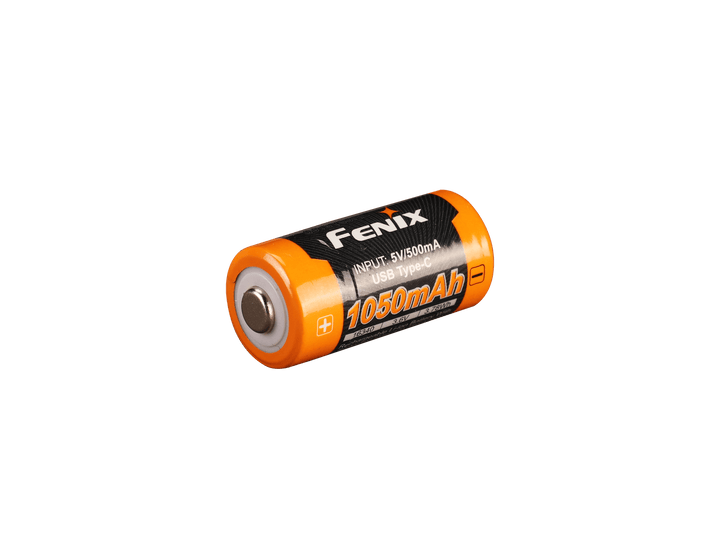 Fenix ARB-L16-1050UP USB Rechargeable 16340 battery with 1050mAh capacity on a black background