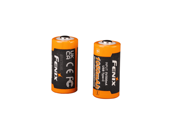 Two Fenix ARB-L16-1050UP USB Rechargeable 16340 batteries on a black background