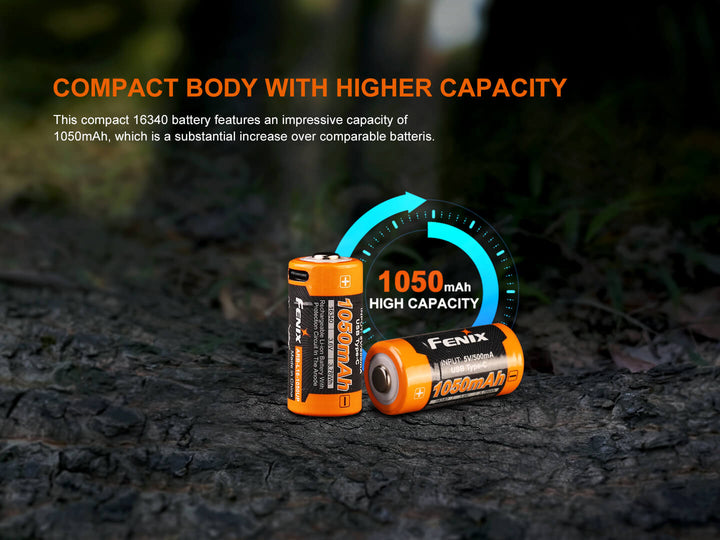 Two Fenix ARB-L16-1050UP USB Rechargeable 16340 batteries on a dark textured surface with text highlighting their high capacity.