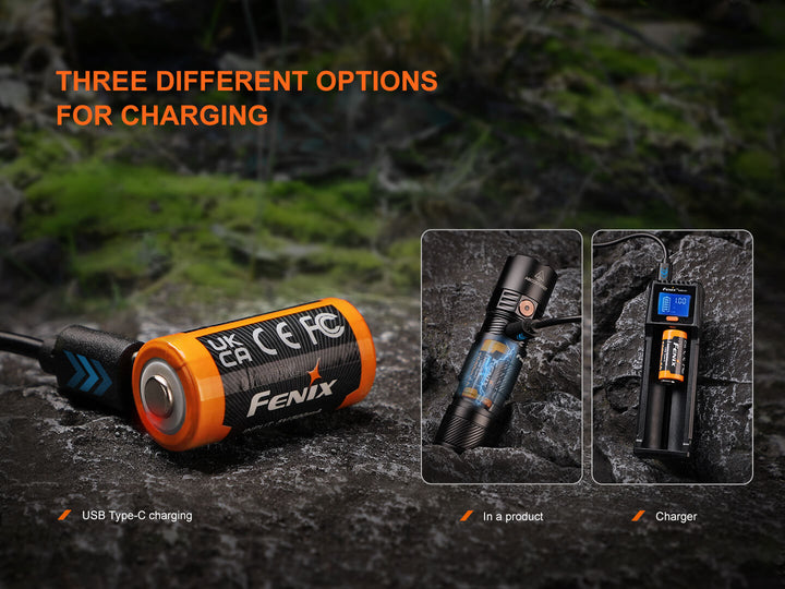 Fenix ARB-L16-1050UP USB Rechargeable 16340 battery and charging options with text on a stone