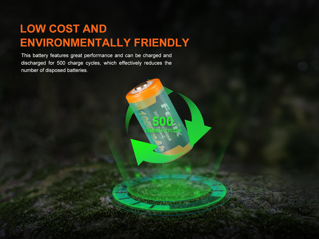 Fenix ARB-L16-1050UP USB Rechargeable 16340 battery with recycling symbol on a dark background, highlighting environmental friendliness.