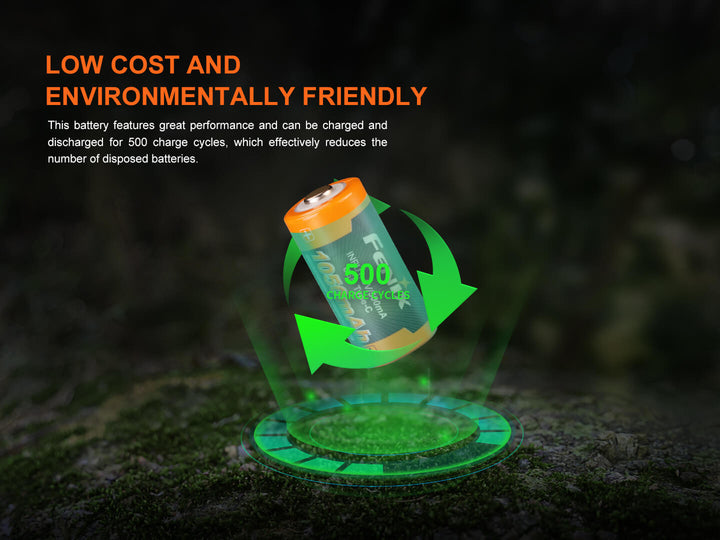 Fenix ARB-L16-1050UP USB Rechargeable 16340 battery with recycling symbol on a dark background, highlighting environmental friendliness.