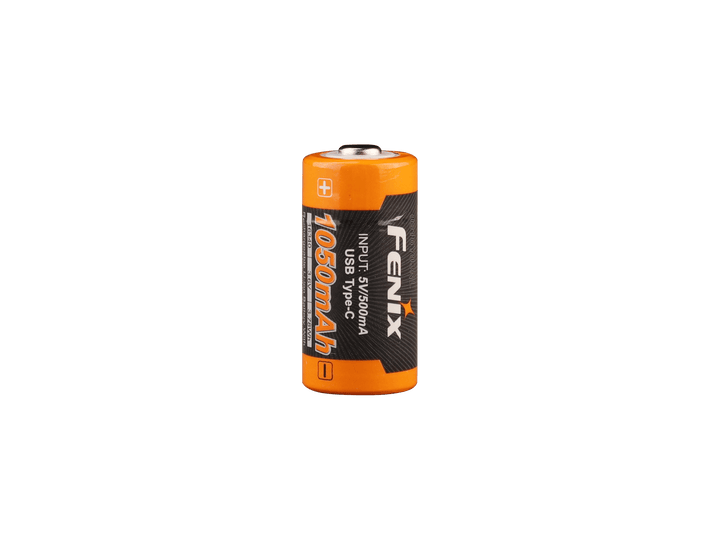 Fenix ARB-L16-1050UP USB Rechargeable 16340 battery with orange and black design on a white background