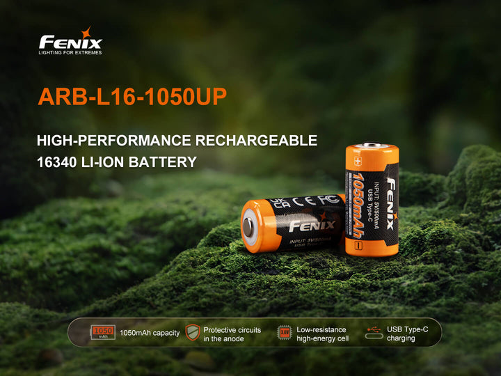 Fenix ARB-L16-1050UP USB rechargeable battery on a green moss background