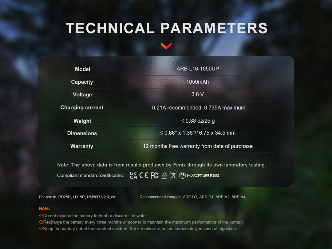Technical parameters of a Fenix ARB-L16-1050UP USB Rechargeable 16340 battery displayed on a dark background