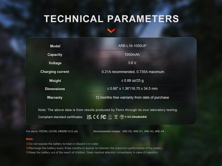 Technical parameters of a Fenix ARB-L16-1050UP USB Rechargeable 16340 battery displayed on a dark background