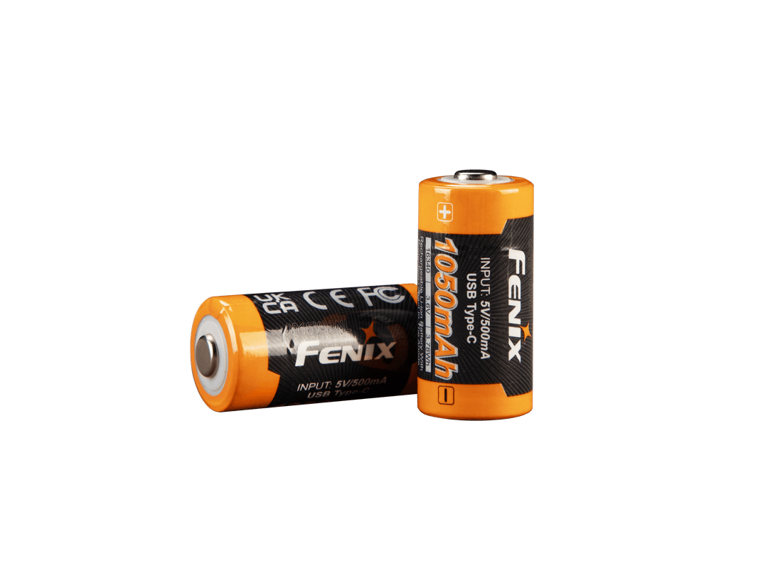 Two Fenix ARB-L16-1050UP USB Rechargeable 16340 batteries on a black background