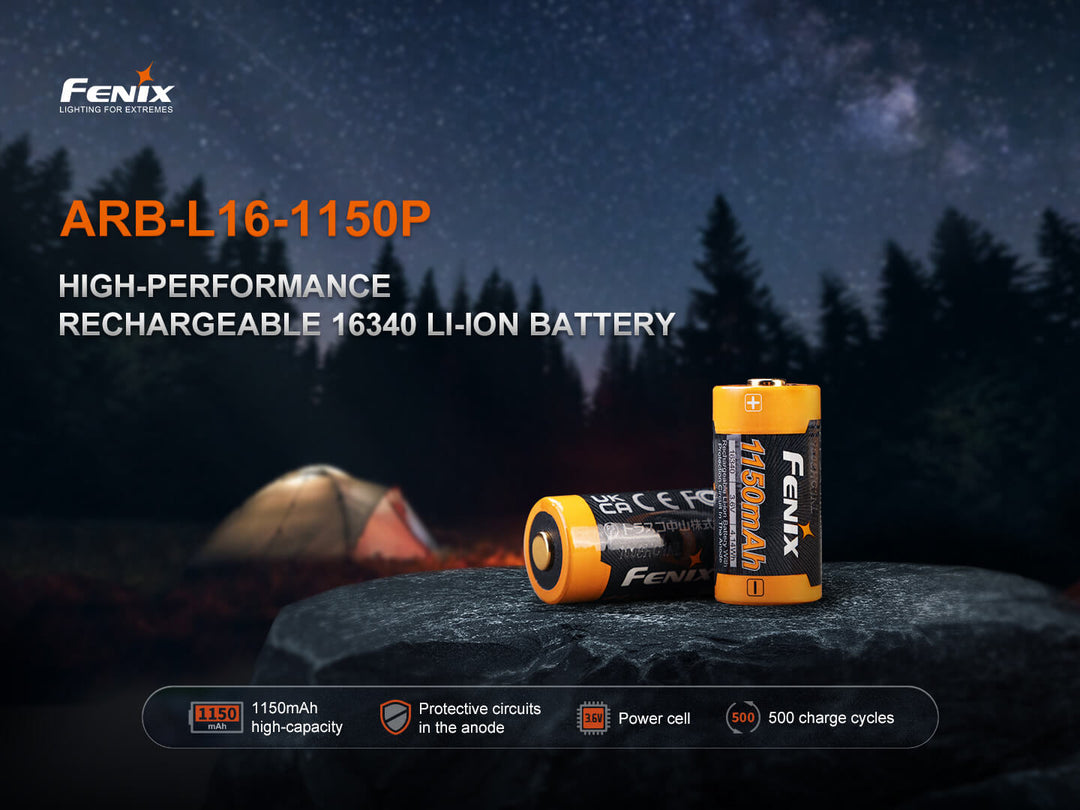 Fenix ARB-L16-1150P rechargeable battery with camping scene in the background