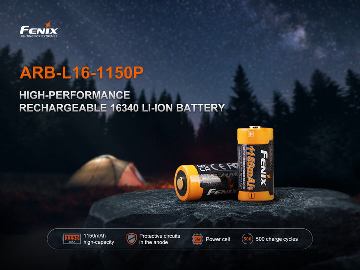 Fenix ARB-L16-1150P rechargeable battery with camping scene in the background