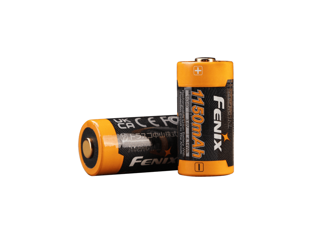 Two Fenix ARB-L16-1150P Rechargeable 16340 batteries on a white background