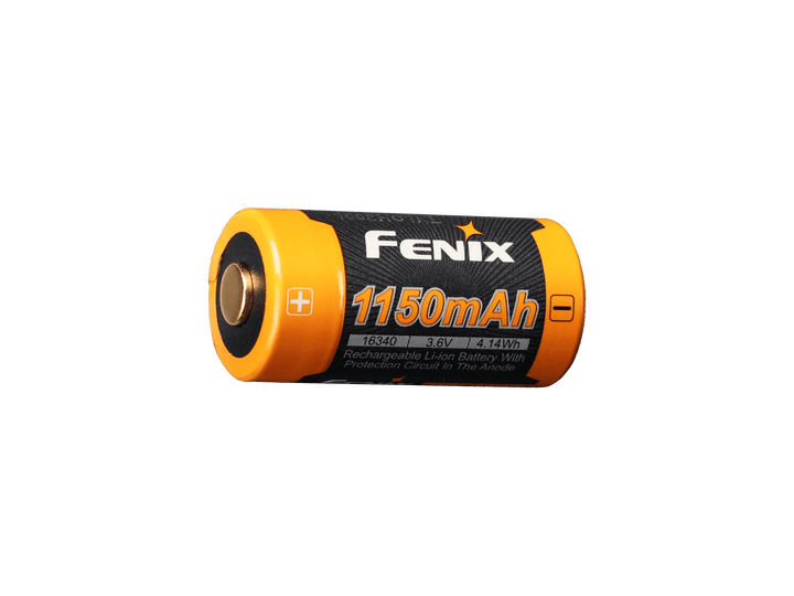 Fenix ARB-L16-1150P Rechargeable 16340 battery with 1150mAh capacity on a black background
