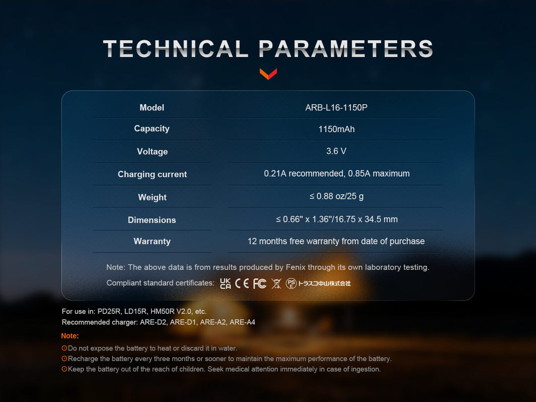 Technical parameters of a Fenix ARB-L16-1150P Rechargeable 16340 battery on a dark background