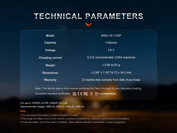 Technical parameters of a Fenix ARB-L16-1150P Rechargeable 16340 battery on a dark background