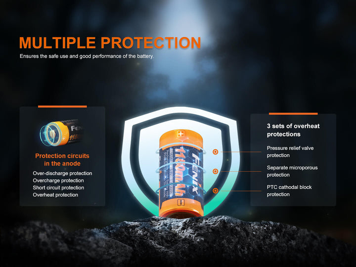 Fenix ARB-L16-1150P Rechargeable 16340 battery with multiple protection features on a dark background
