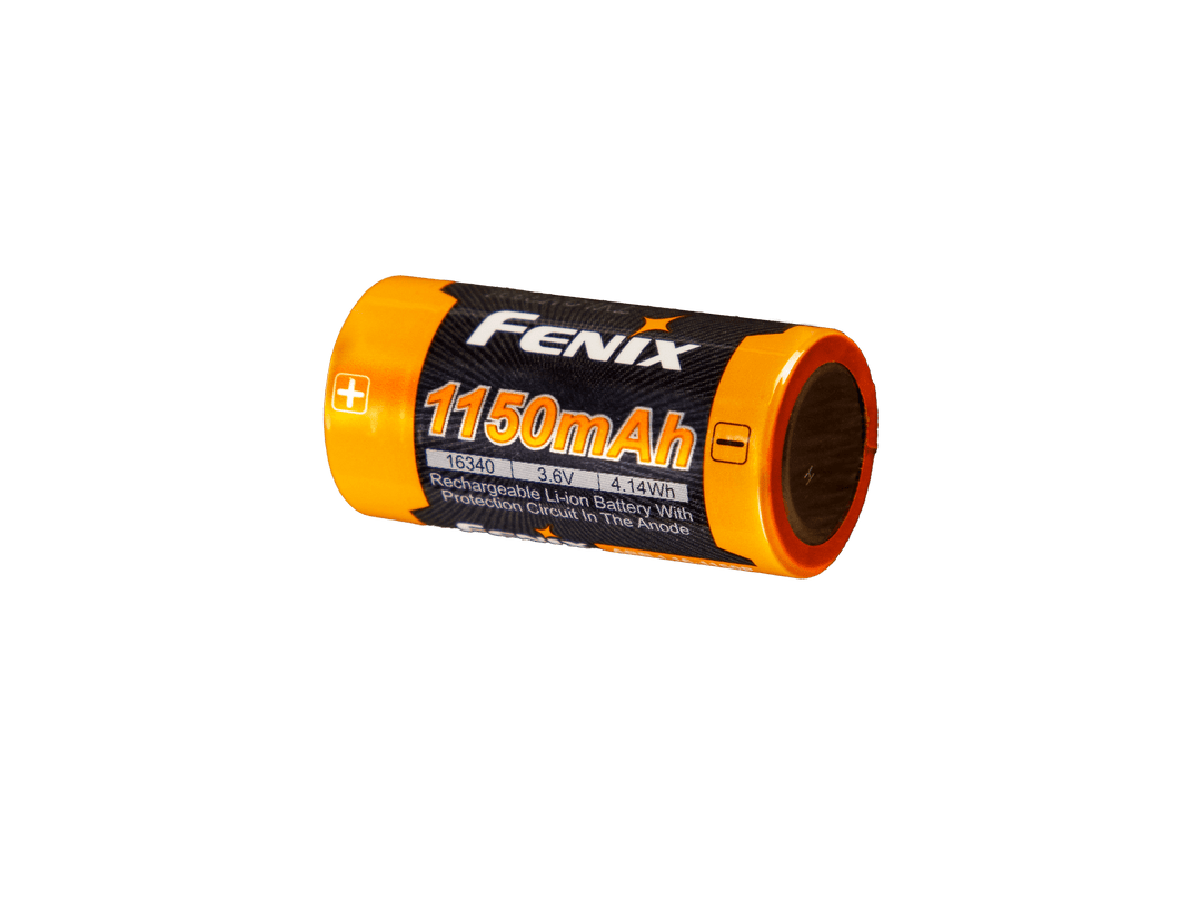 Fenix ARB-L16-1150P Rechargeable 16340 battery with 1150mAh capacity on a black background