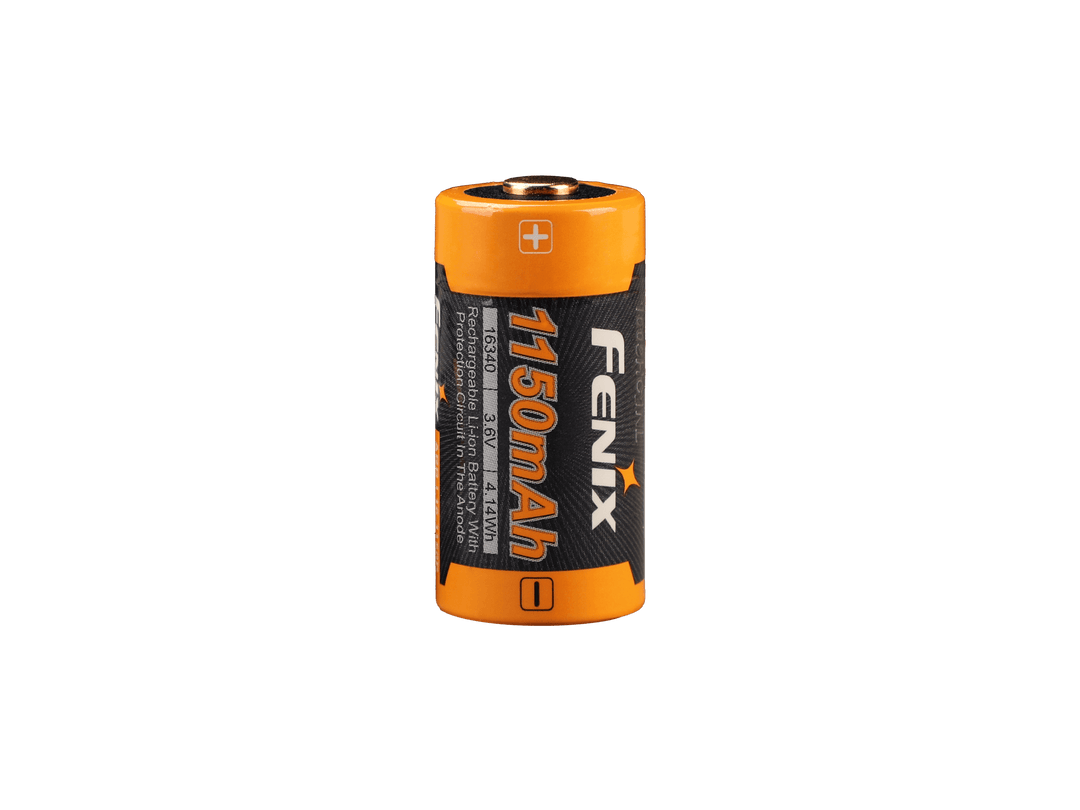 Fenix ARB-L16-1150P Rechargeable 16340 battery with 1150mAh capacity on a black background