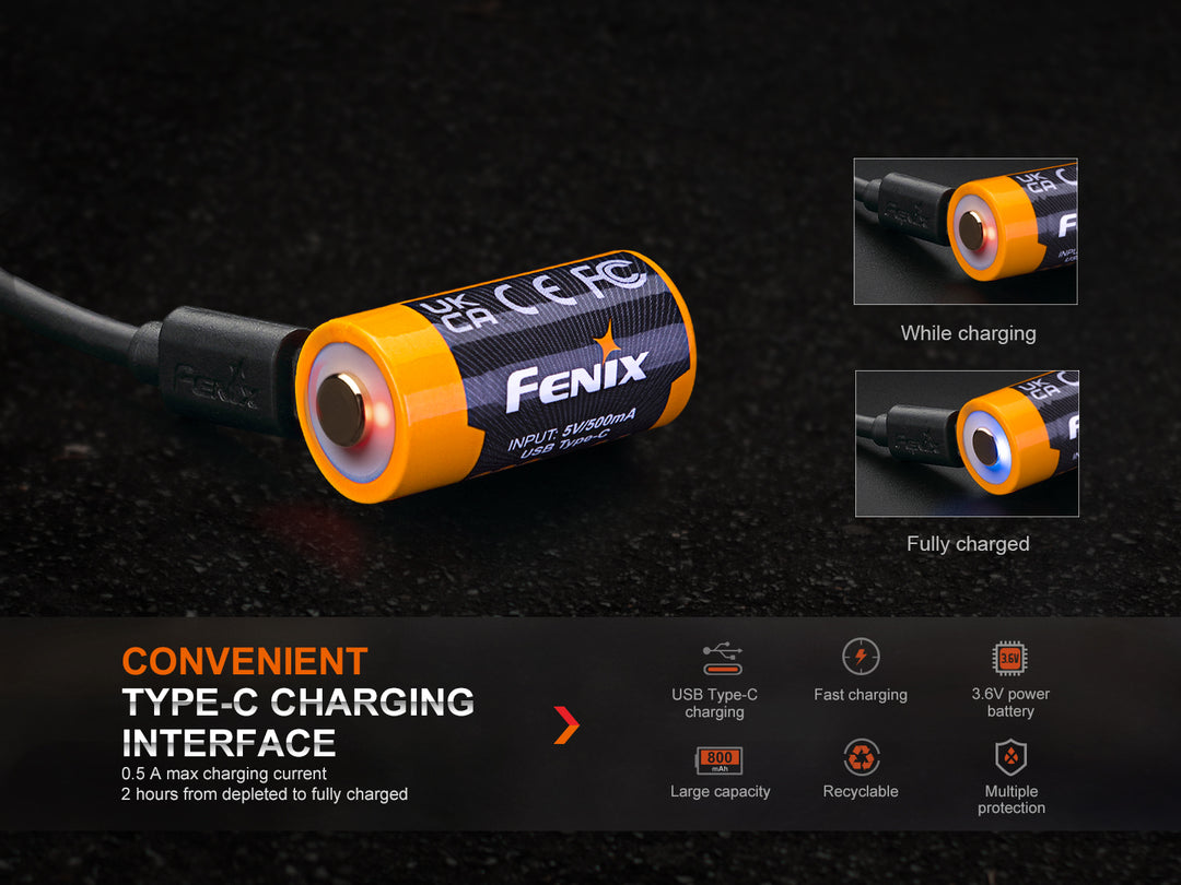 Fenix ARB-L16-800UP rechargeable 16340 battery charging via its USB-C port