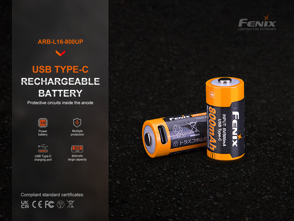 Fenix ARB-L16-800UP rechargeable 16340 battery with text showing its features