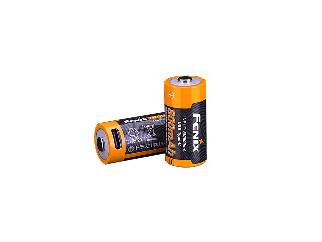 Two Fenix ARB-L16-800UP rechargeable 16340 batteries with USB-C ports, predominantly orange with black detailing.