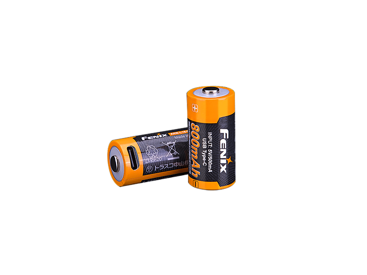 Two Fenix ARB-L16-800UP rechargeable 16340 batteries with USB-C ports, predominantly orange with black detailing.