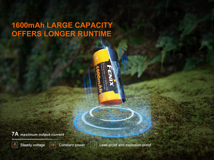Fenix ARB-L18-1600 18350 rechargeable battery on mossy stone