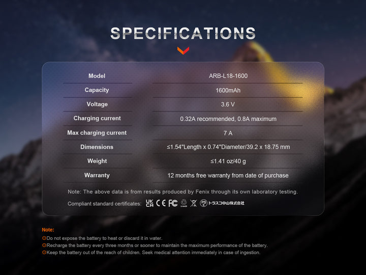 Fenix ARB-L18-1600 18350 rechargeable battery specifications chart