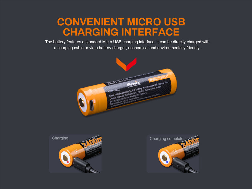 Fenix ARB-L18-3400U rechargeable battery with text showcasing its micro-usb charging interface