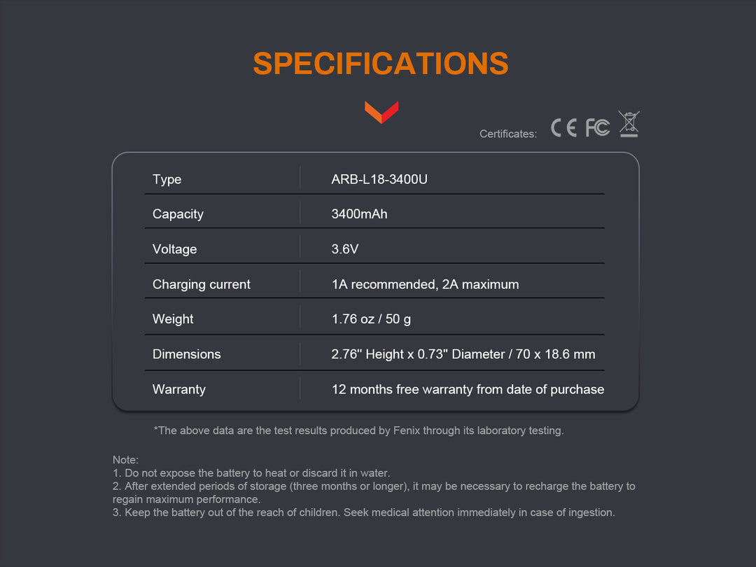 Fenix ARB-L18-3400U rechargeable battery specifications chart