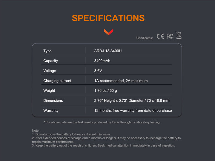 Fenix ARB-L18-3400U rechargeable battery specifications chart