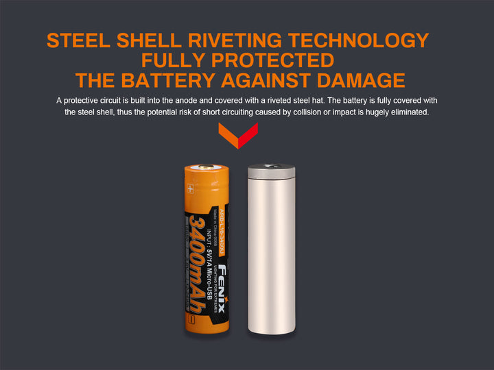 Fenix ARB-L18-3400U rechargeable battery with text discussing its steel body