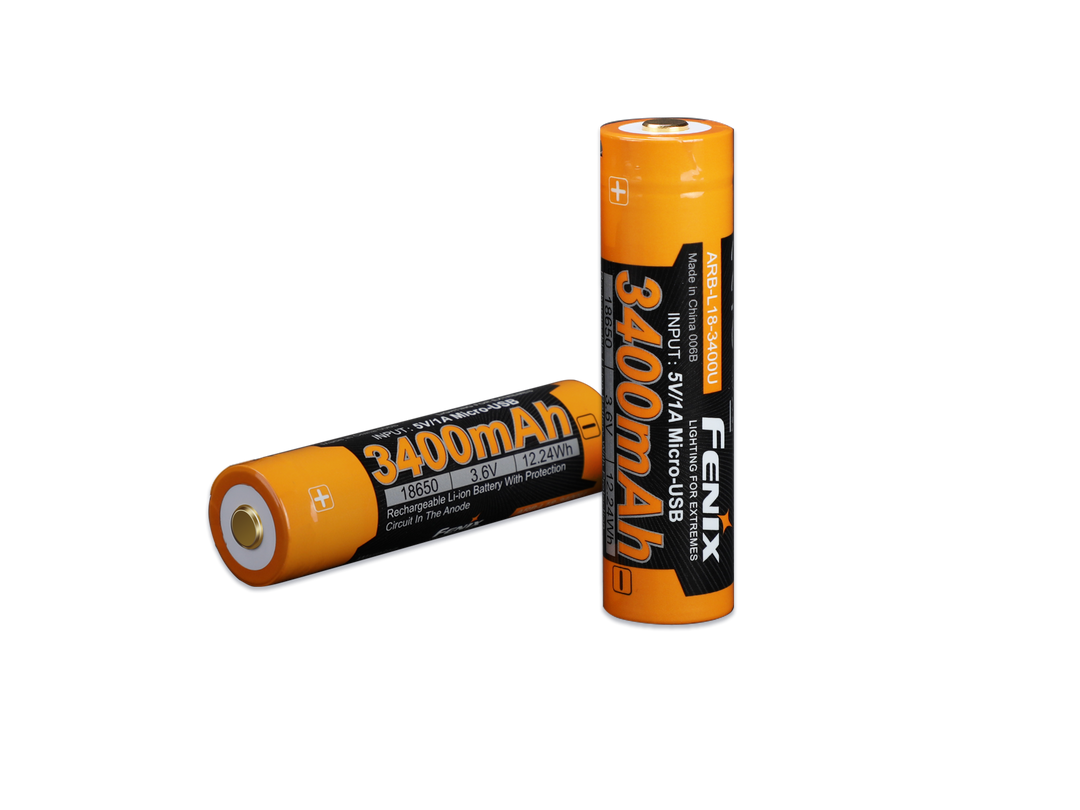 Two Fenix ARB-L18-3400U rechargeable lithium-ion batteries with orange wrapping and black detailing, featuring the capacity rating of 3400mAh.