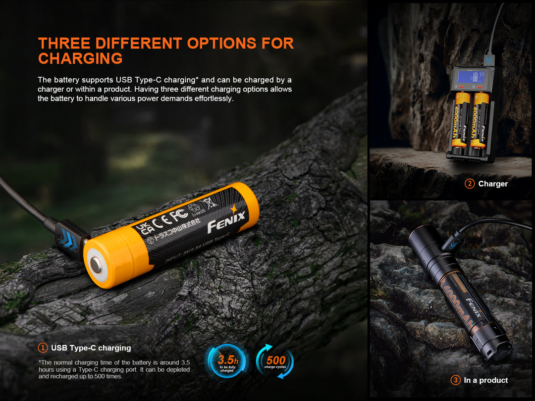 Several photos showing the different charging options for the Fenix ARB-L18-4000U high-capacity rechargeable 18650 battery 