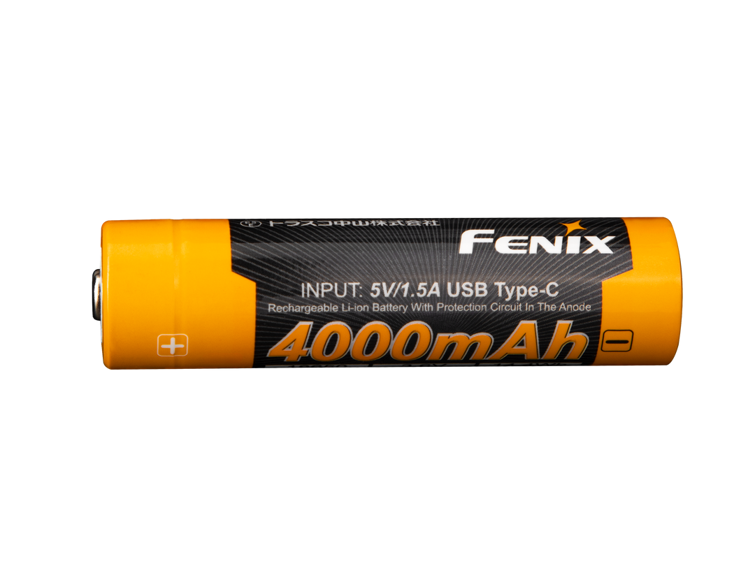 Fenix ARB-L18-4000U high-capacity rechargeable 18650 battery on its side showing its label