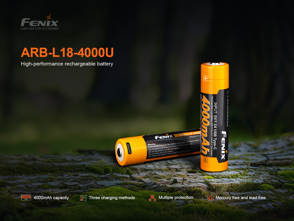 Fenix ARB-L18-4000U high-capacity rechargeable 18650 battery n wood