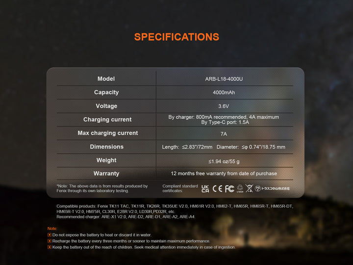 Fenix ARB-L18-4000U high-capacity rechargeable 18650 battery specifications chart