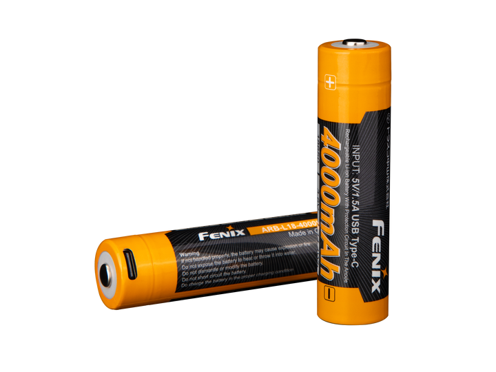 Two Fenix ARB-L18-4000U high-capacity rechargeable 18650 batteries with built-in USB-C charging ports, predominantly black with orange accents.