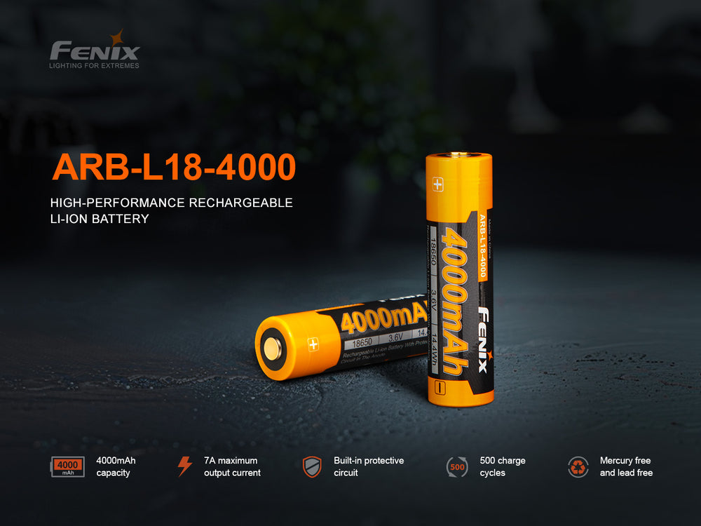 Fenix ARB-L18-4000 high-capacity 18650 battery on concrete surface