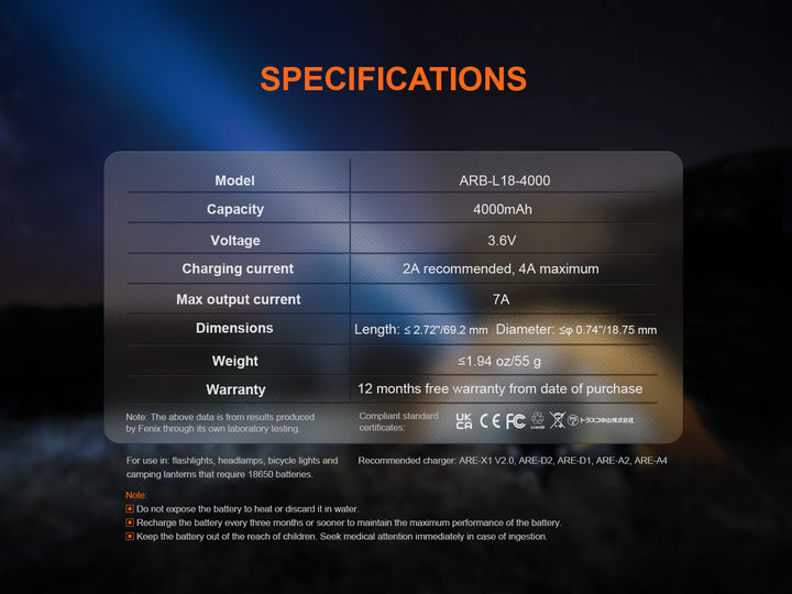 Fenix ARB-L18-4000 high-capacity 18650 battery specification chart