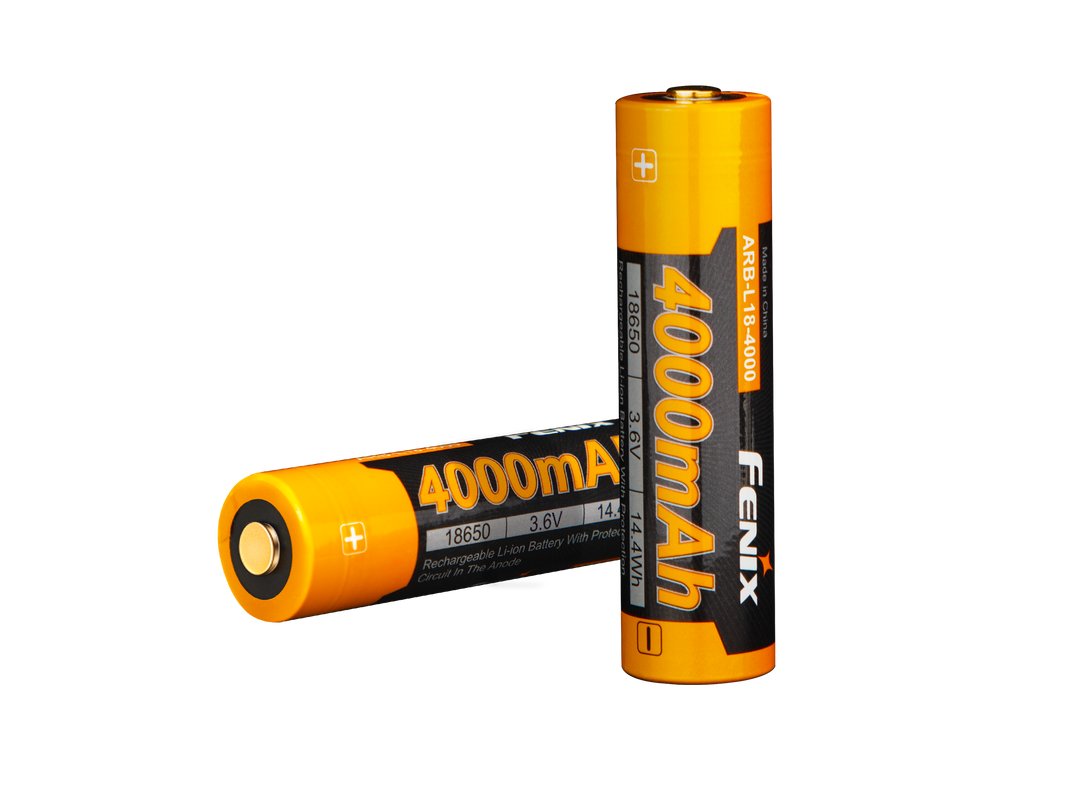 Two Fenix ARB-L18-4000 high-capacity 18650 batteries with a 4000mAh capacity, predominantly black with orange detailing.