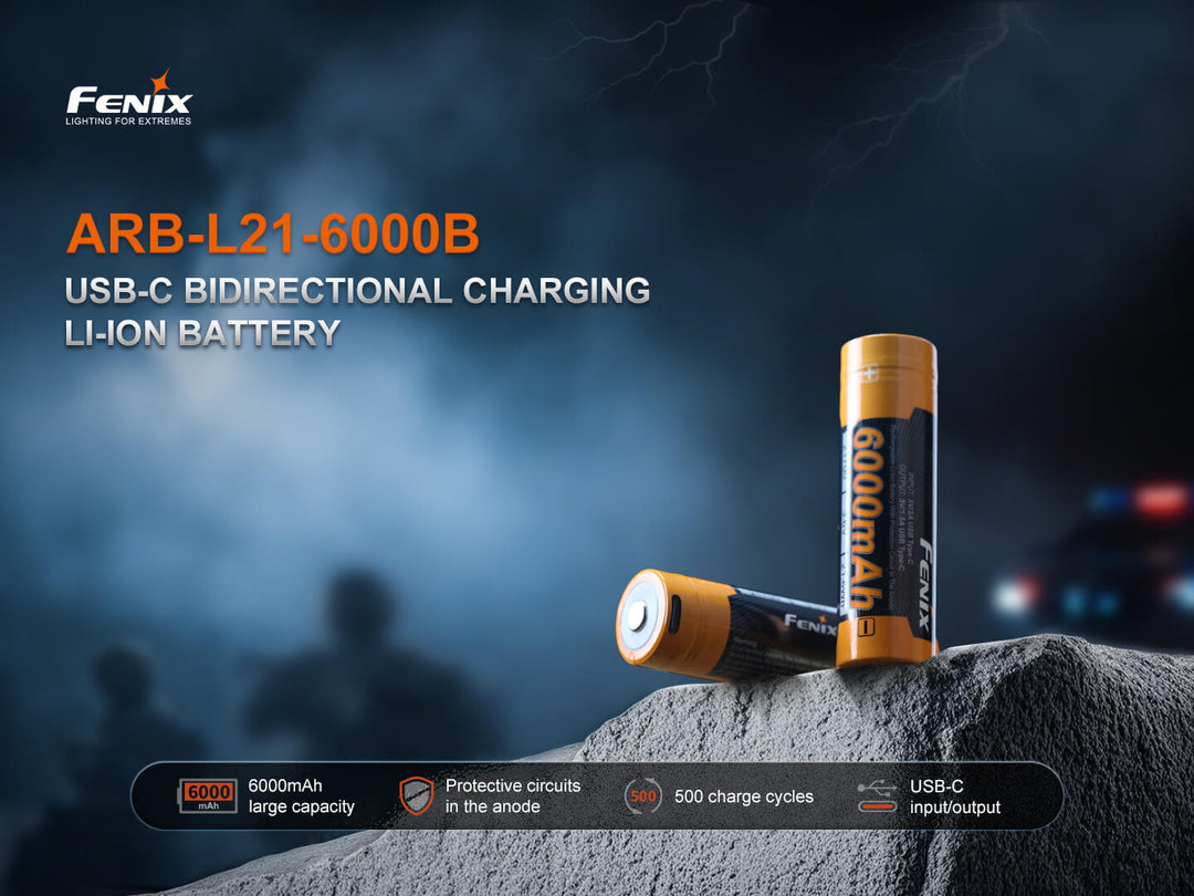 Fenix ARB-L21-6000B USB-C bidirectional charging Li-ion battery on a dark background with lightning effects.