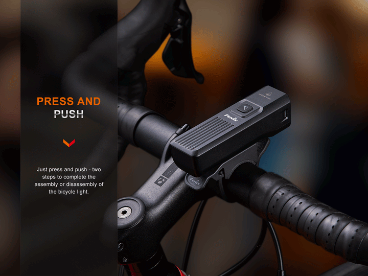A GIF showing the Fenix BC15R Bike Light being attached and detached from its handlebar mount